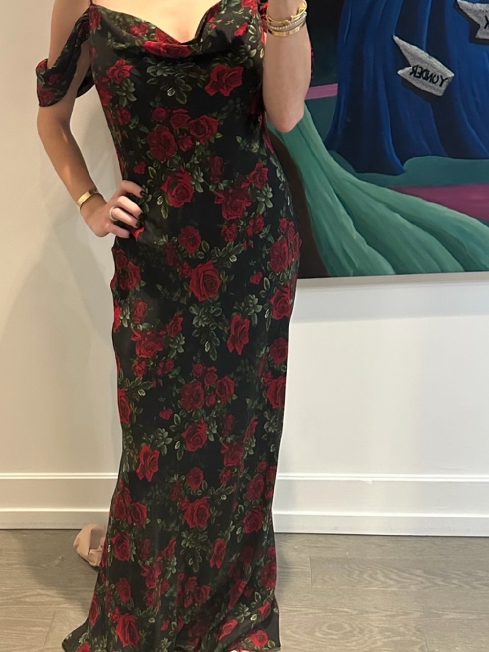L'AGENCE Black Floral Maxi Dress with Red Roses - Picture 5 of 5